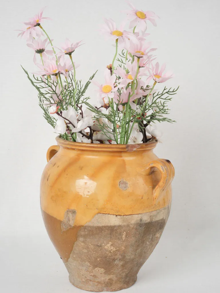 19th-century Provencal confit pot w/ streaked diagonal yellow glaze 11"