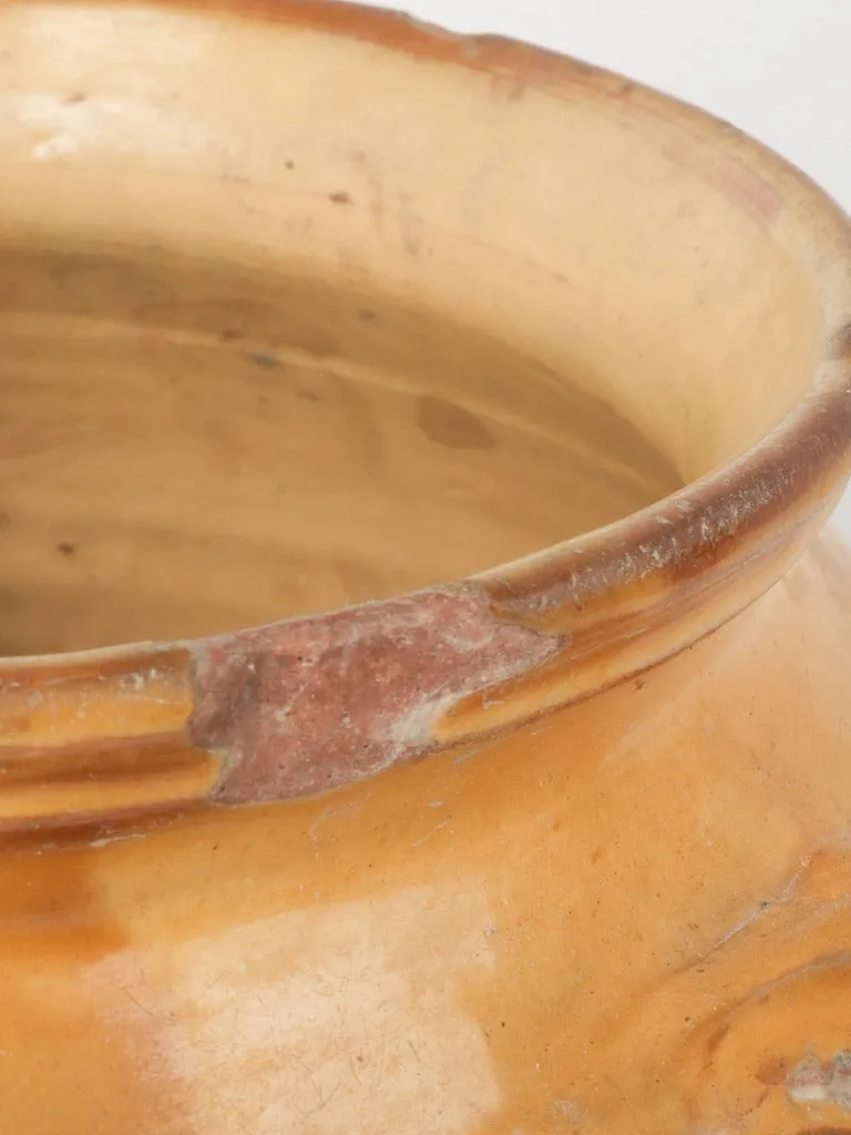 19th-century Provencal confit pot w/ streaked diagonal yellow glaze 11"