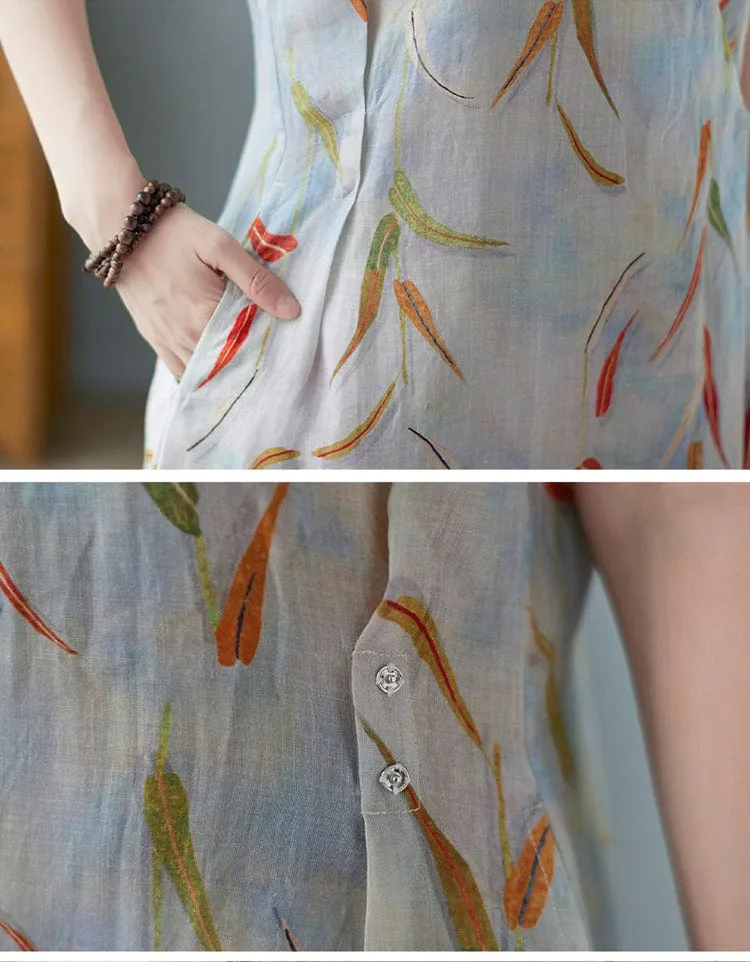 Abstract Leaves Button Wrap Dress