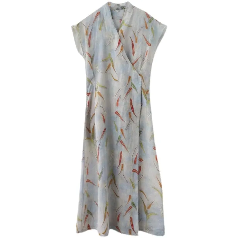 Abstract Leaves Button Wrap Dress