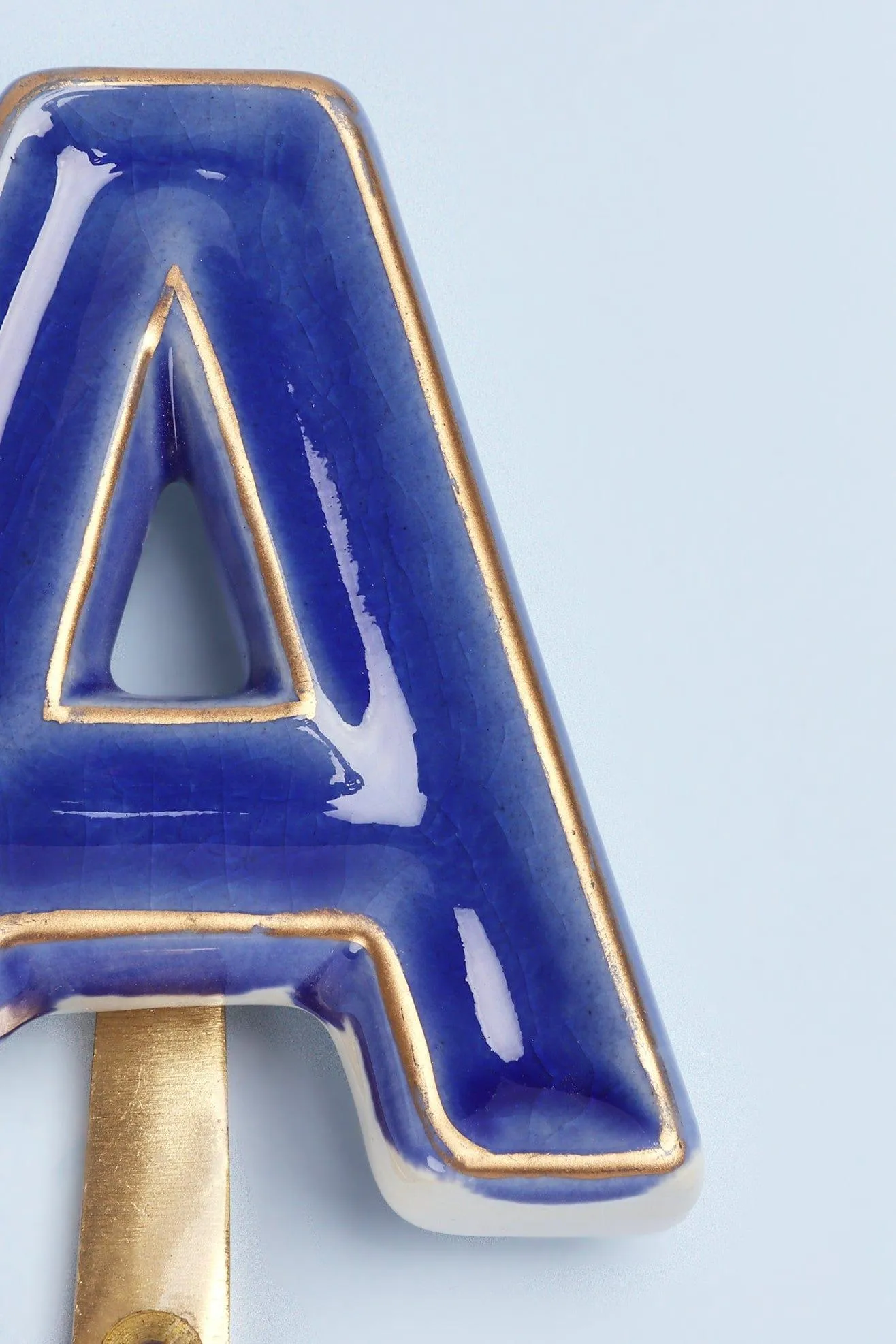 Alphabet Royal Blue Crackle Glazed Hooks In Antique Brass