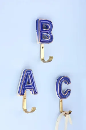 Alphabet Royal Blue Crackle Glazed Hooks In Antique Brass