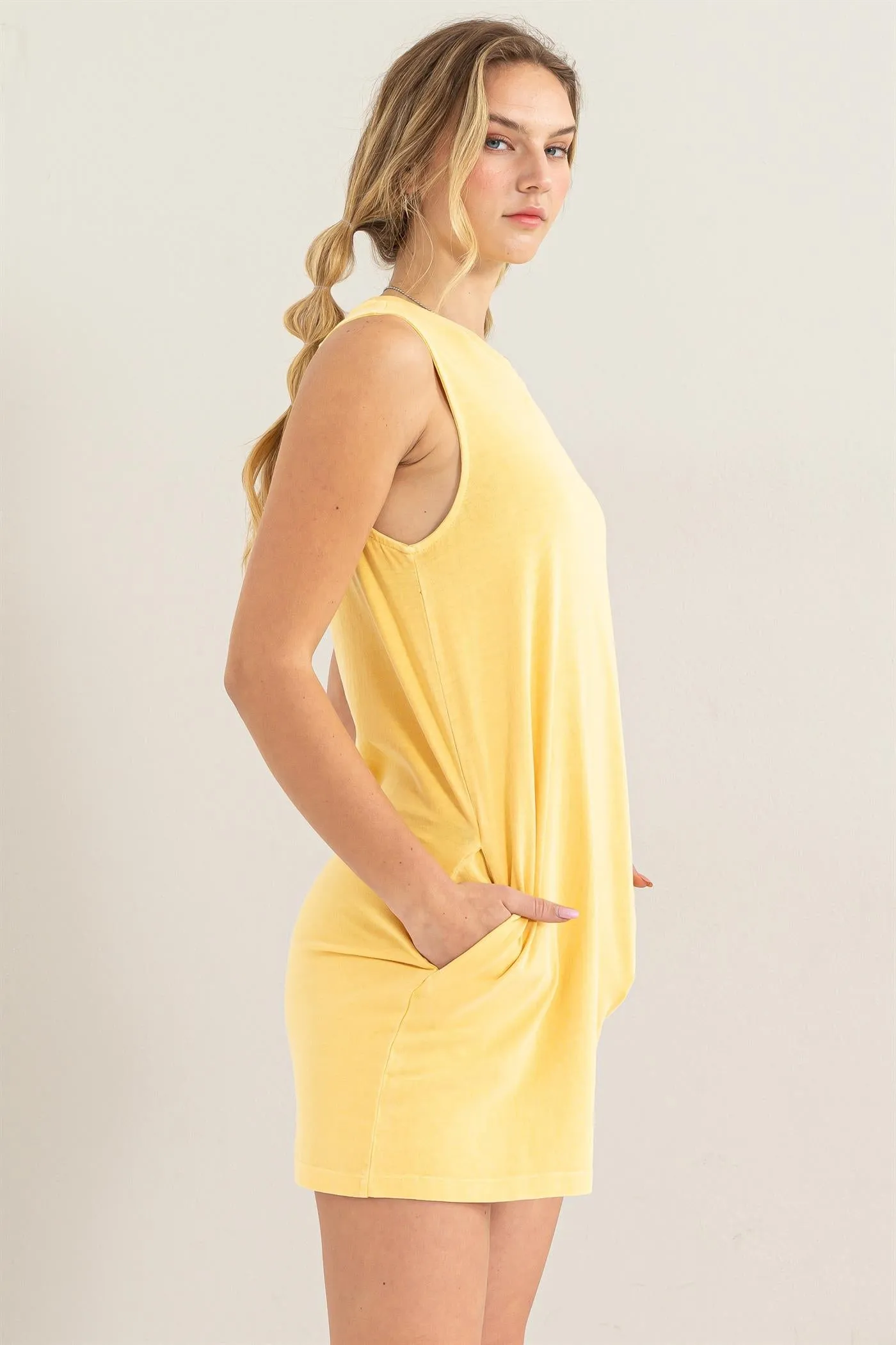 Basic Sleeveless Solid Yellow T-shirt Dress