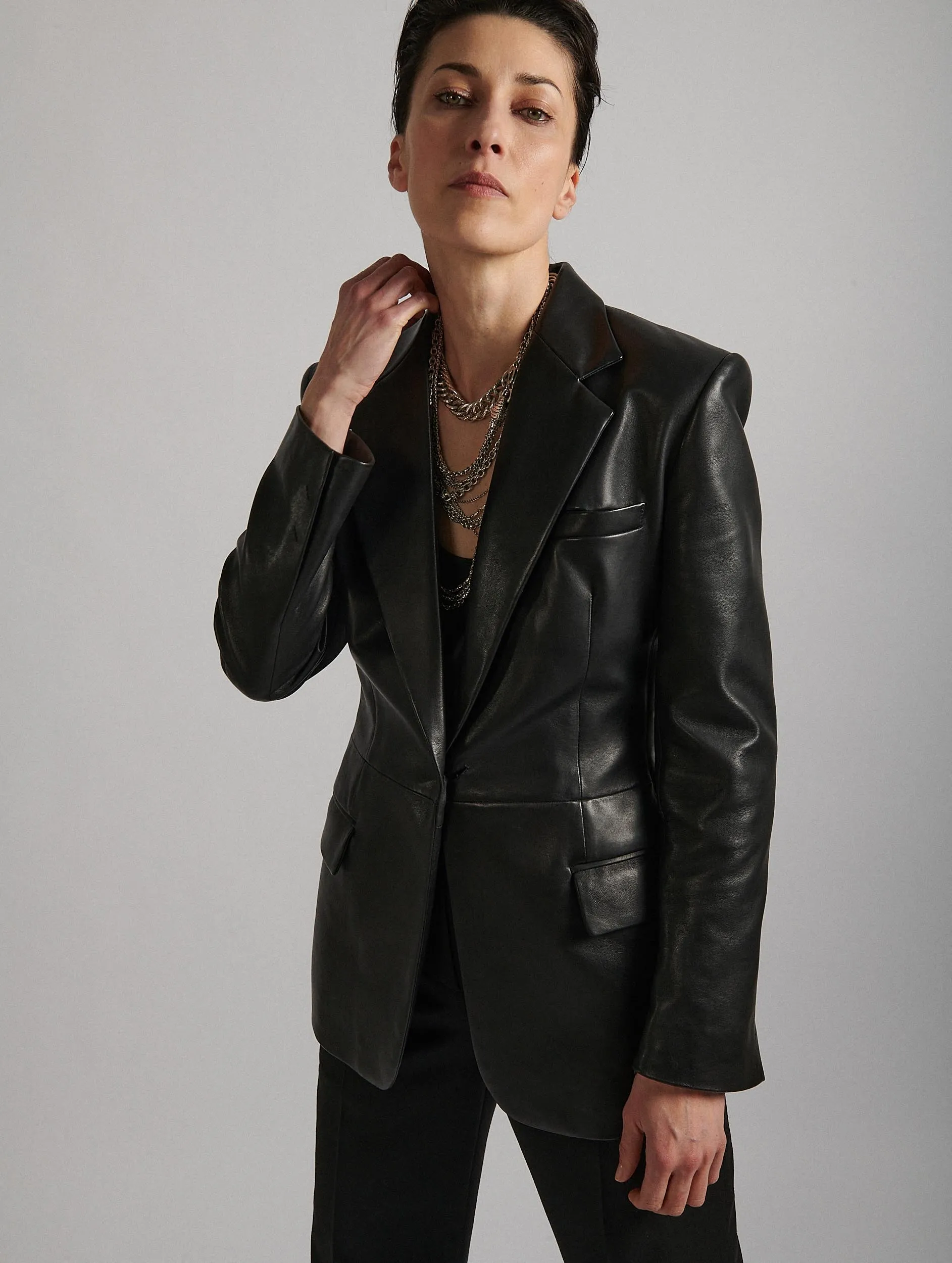 Black leather suit jacket