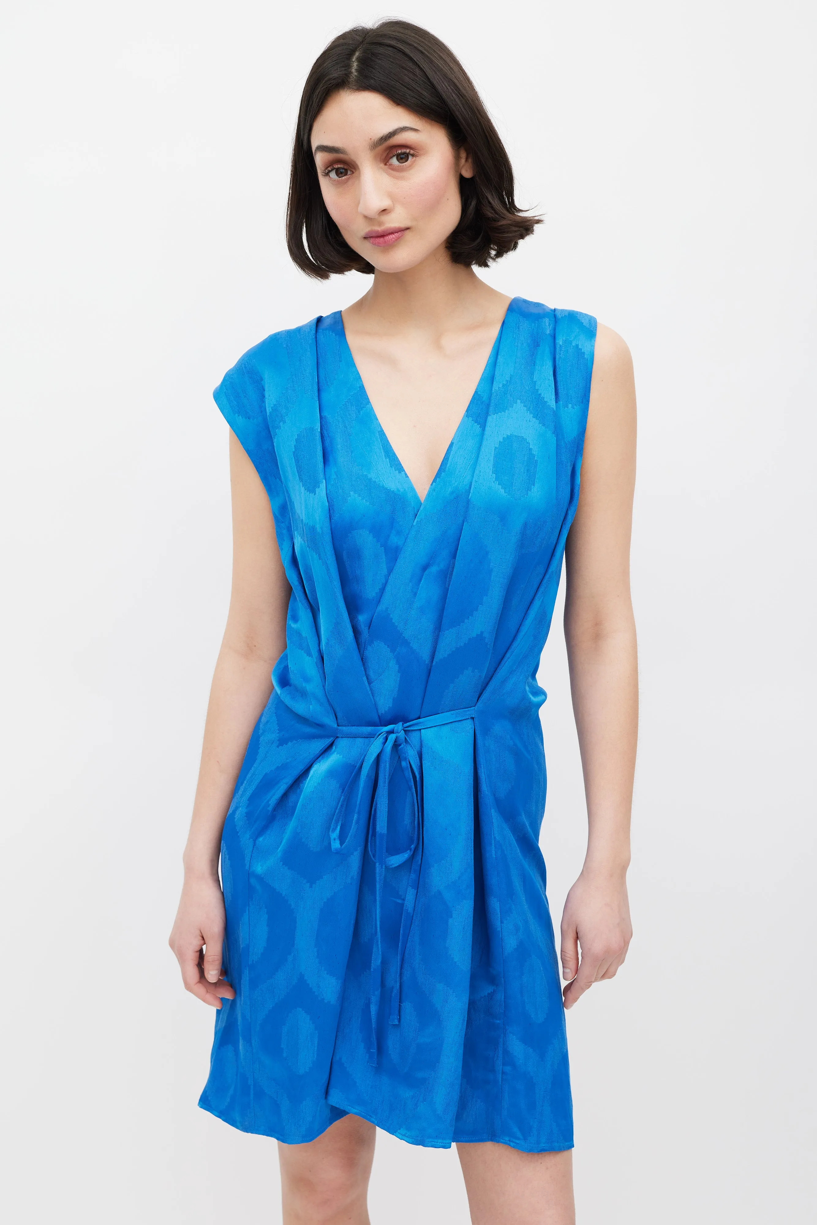 Blue Patterned Tie Waist Shift Dress