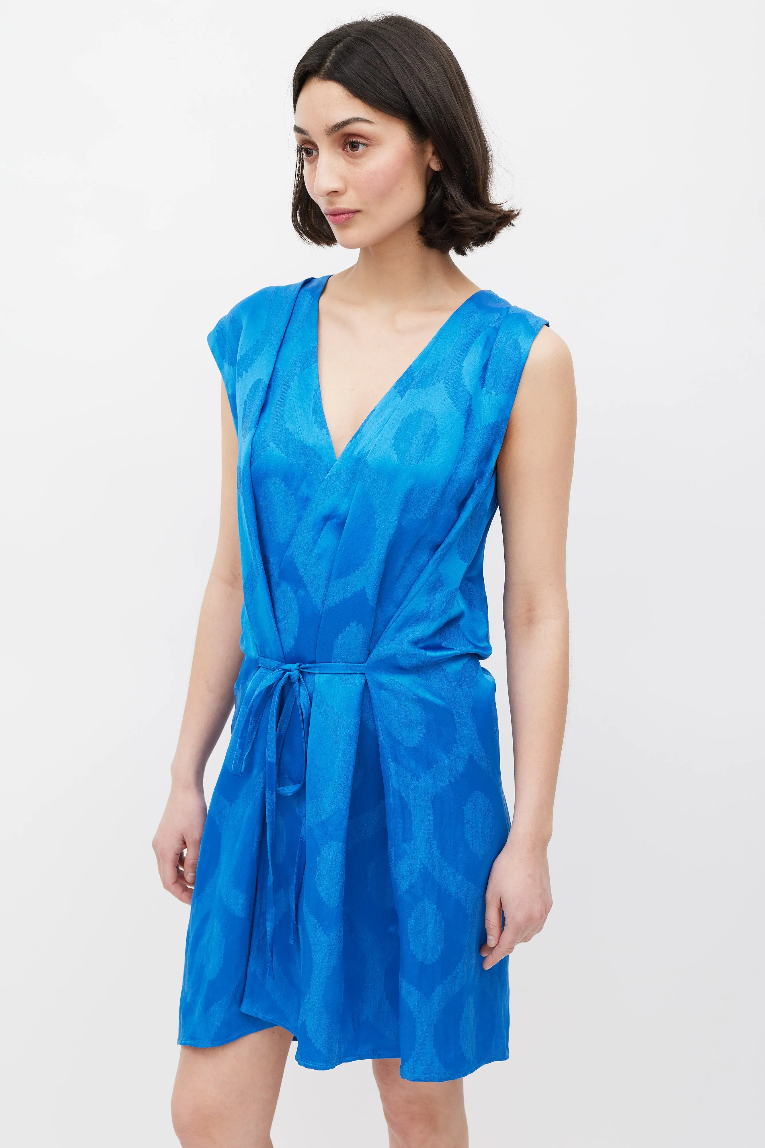 Blue Patterned Tie Waist Shift Dress