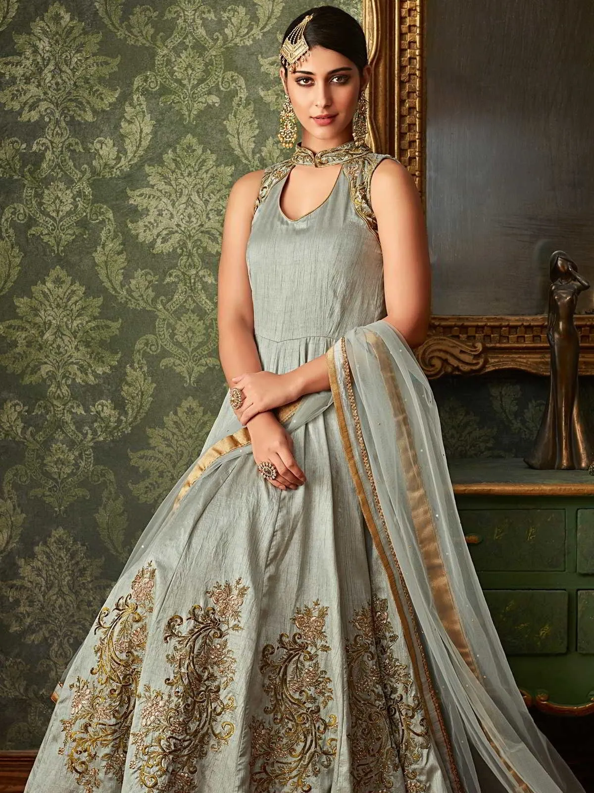 Bluish Grey Embroidered Overcoat Anarkali Gown Suit