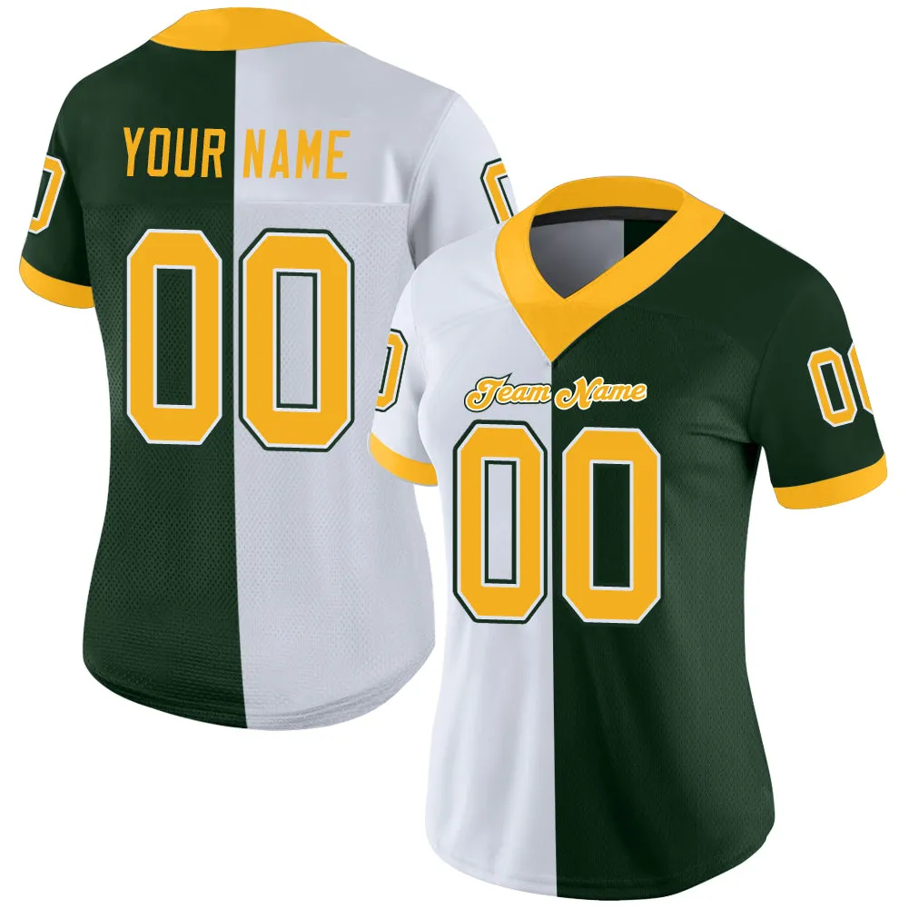 Custom Green Gold-White Mesh Split Fashion Football Jersey