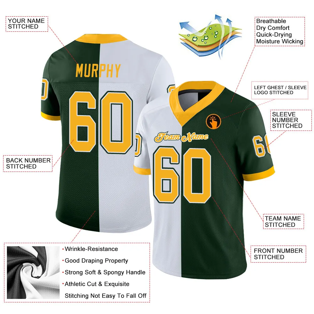 Custom Green Gold-White Mesh Split Fashion Football Jersey