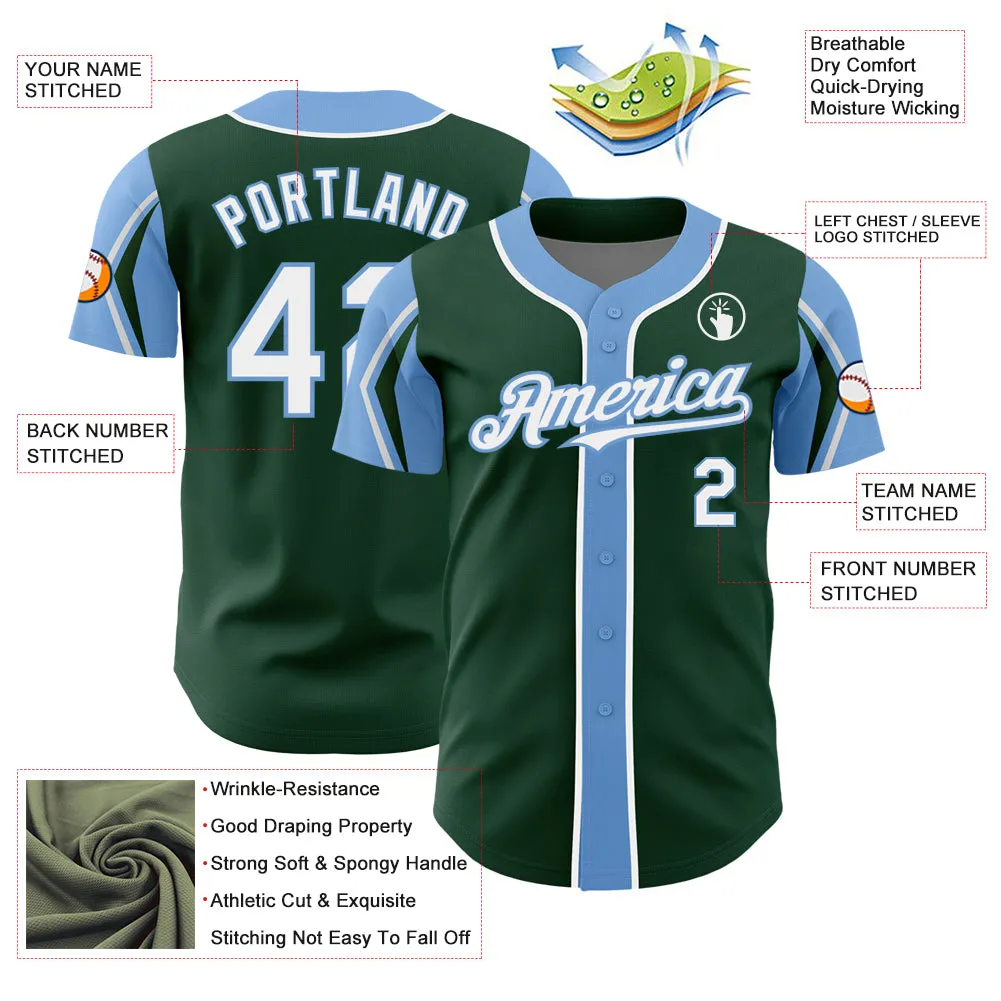 Custom Green White-Light Blue 3 Colors Arm Shapes Authentic Baseball Jersey