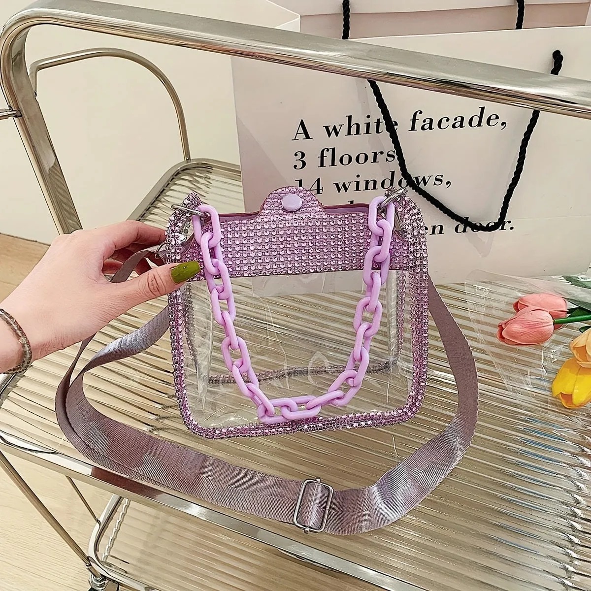 Elegant Square Transparent Handbag with Rhinestone Sparkle, Secure Buckle Closure, & Durable PVC & Acrylic Strap