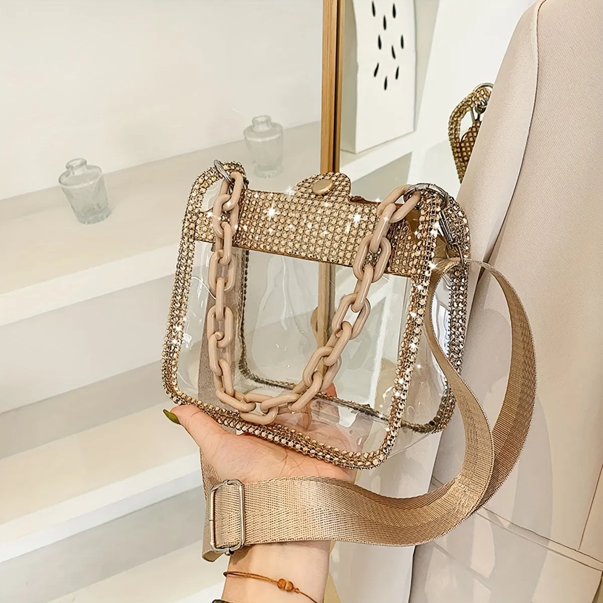 Elegant Square Transparent Handbag with Rhinestone Sparkle, Secure Buckle Closure, & Durable PVC & Acrylic Strap