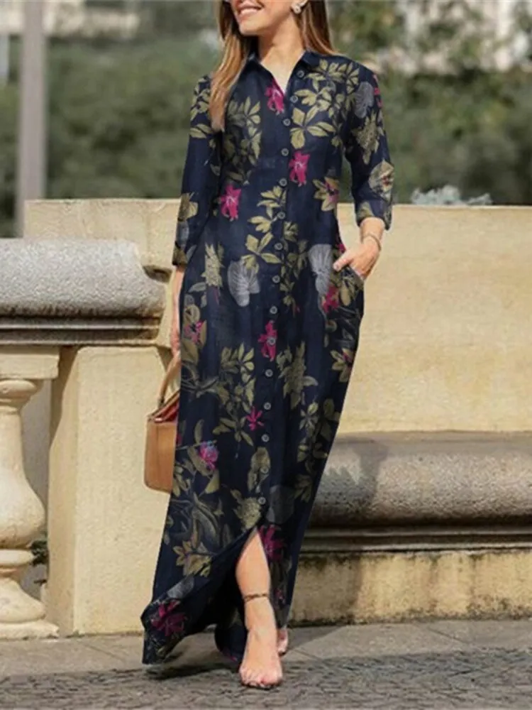 Female Dress Spring Summer 2023 New Fashion Printed Lapel Dress Oversized Loose Long Dresses Leisure Holiday Woman Clothing