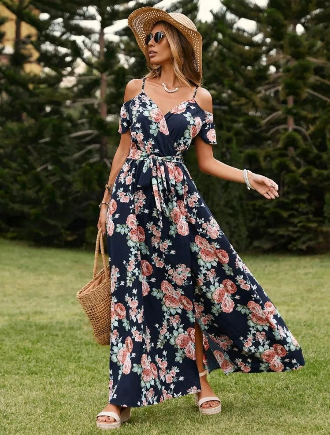 Floral Print Cold Shoulder Wrap Dress