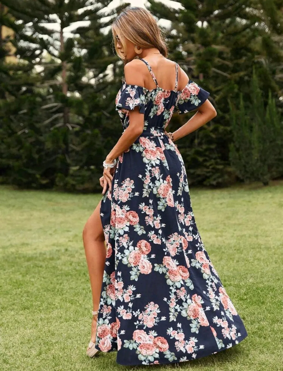 Floral Print Cold Shoulder Wrap Dress