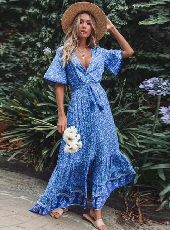 Floral V-neck Short Sleeves Maxi Dress