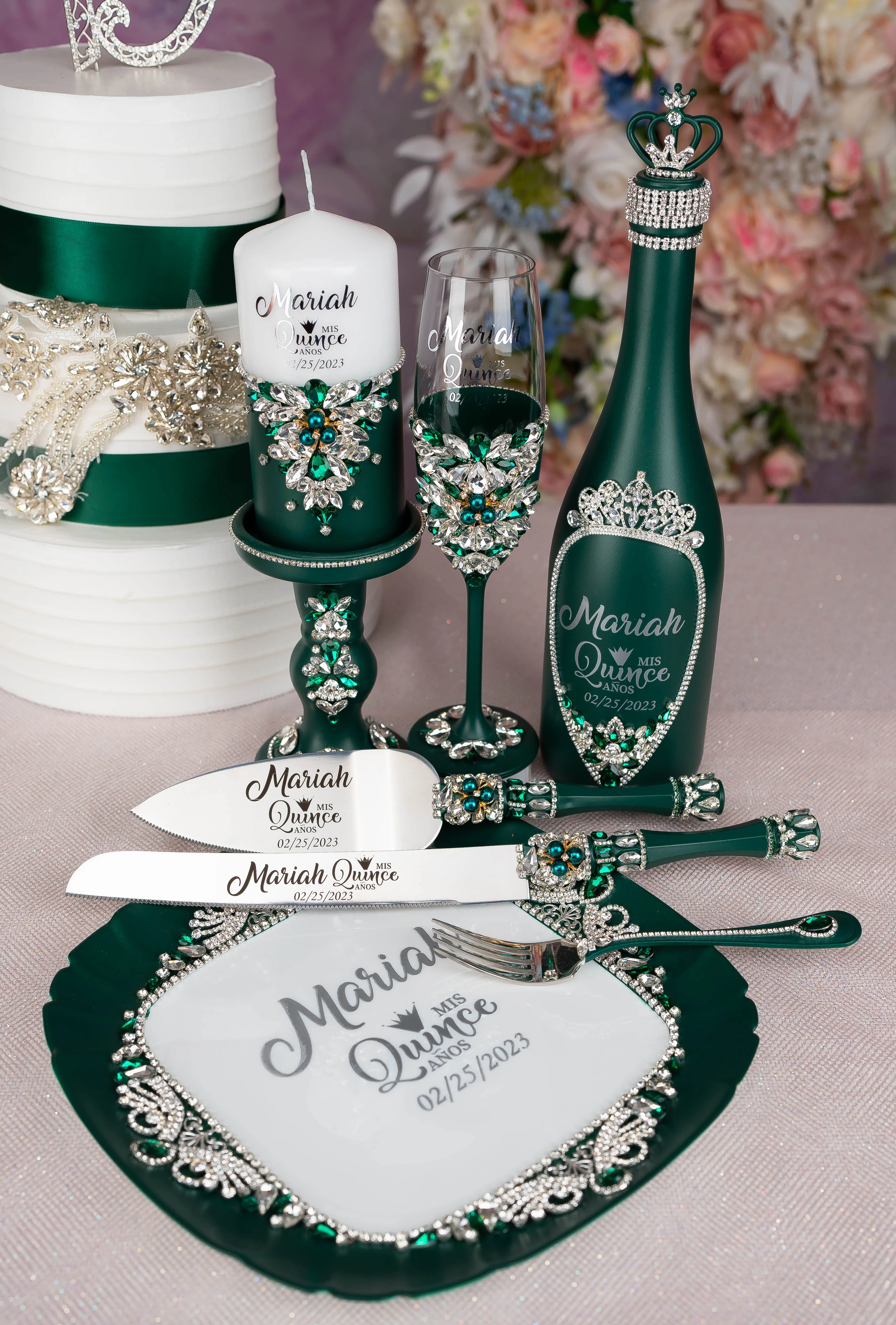 Green with Silver quinceanera cake knife set with plate and fork