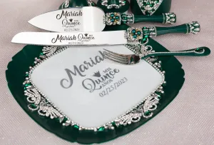 Green with Silver quinceanera cake knife set with plate and fork