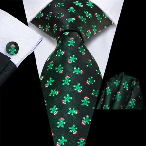 Hi-Tie Green Christmas Ginger Bread Tie Pocket Square Cufflinks Set