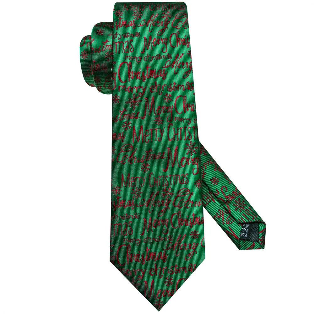 Hi-Tie Green Red Christmas Letters Designer Silk Necktie Set