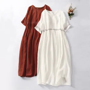 IKEARLAX  Summer New round Neck Short Sleeve Cotton and Linen Dress Artistic Retro Loose Embroidery Ramie Swing Long Dress