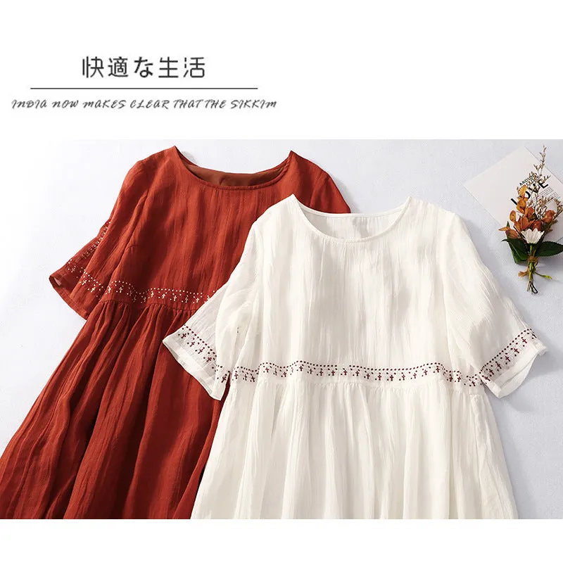 IKEARLAX  Summer New round Neck Short Sleeve Cotton and Linen Dress Artistic Retro Loose Embroidery Ramie Swing Long Dress