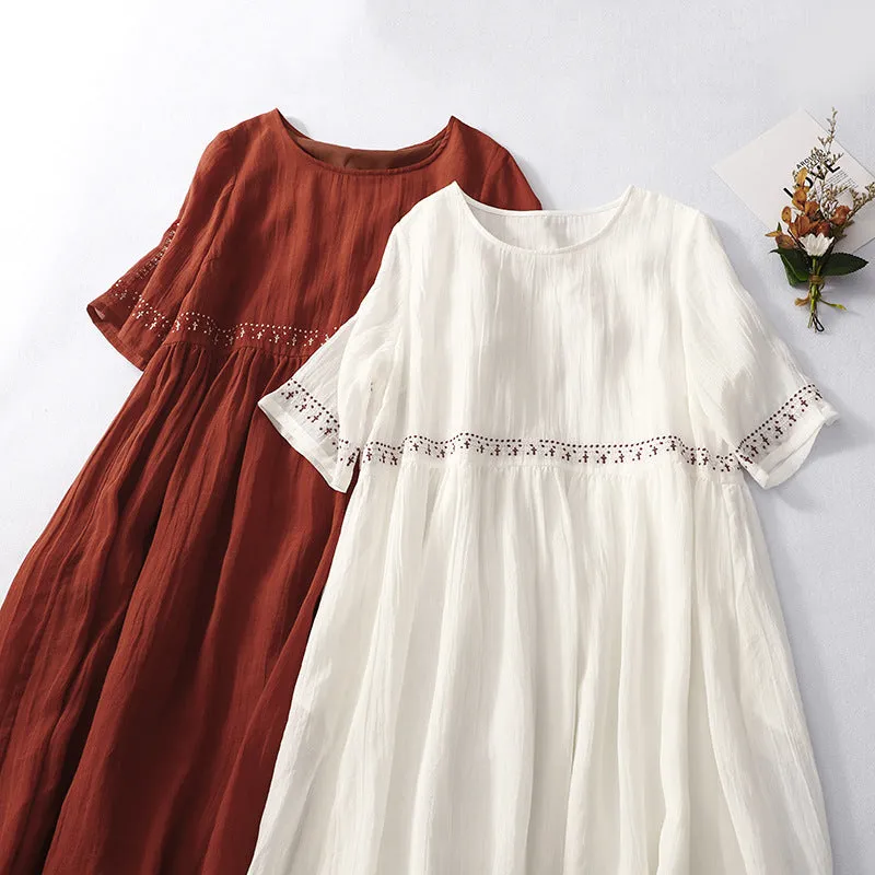 IKEARLAX  Summer New round Neck Short Sleeve Cotton and Linen Dress Artistic Retro Loose Embroidery Ramie Swing Long Dress