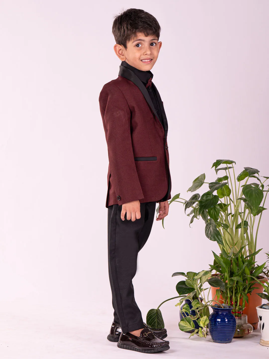 Jashvi Boys' Black And Maroon Shirt Blazer And Pant