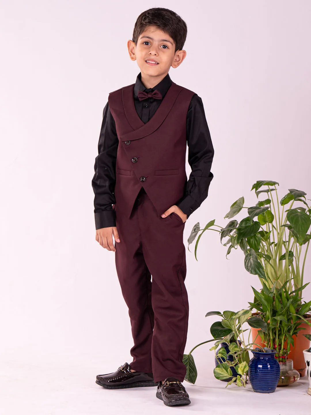 Jashvi Boys' Black And Maroon Shirt Blazer Waist Coat And Pant