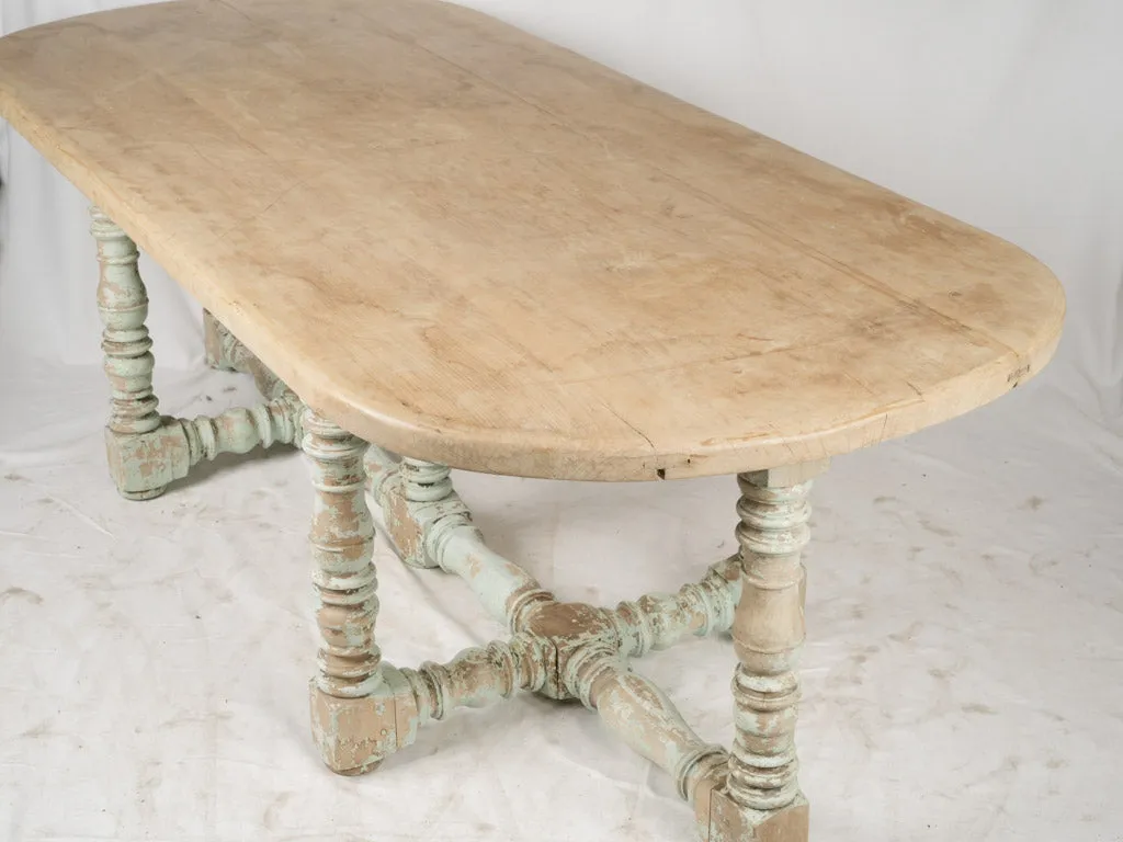 Large Early 20th-Century Oak Dining Table w/ Baluster Legs & mint green patina - 90¼"