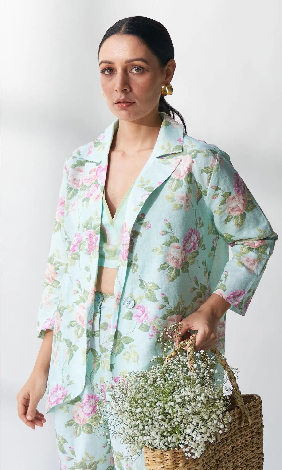 Layla - Blue Floral Blazer With Bustier And Trouser- Set Of 3 RTS