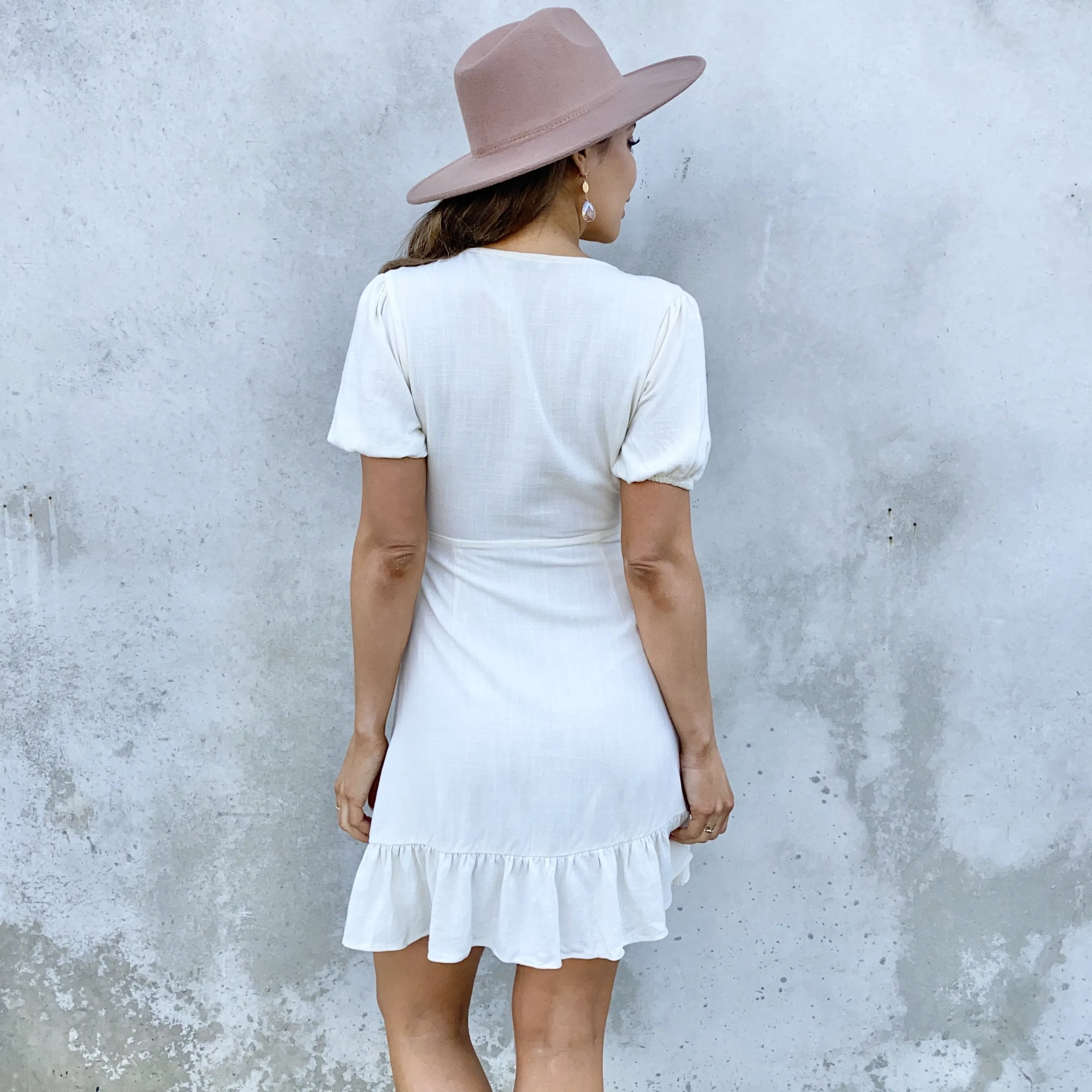 Let It Play Out Cream Linen Wrap Dress