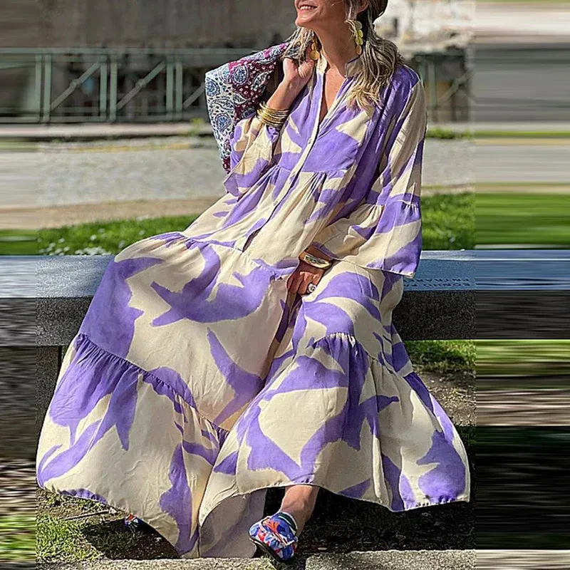 Loose New Purple Print V-Neck Pleated Beach Women Fashion Flare Sleeves Swing Long Vestidos Floral Casual Dress