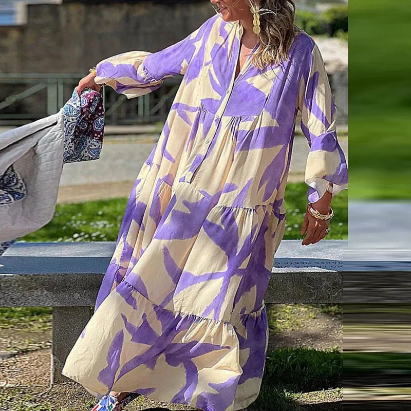 Loose New Purple Print V-Neck Pleated Beach Women Fashion Flare Sleeves Swing Long Vestidos Floral Casual Dress