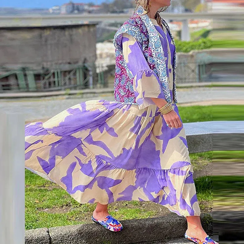 Loose New Purple Print V-Neck Pleated Beach Women Fashion Flare Sleeves Swing Long Vestidos Floral Casual Dress