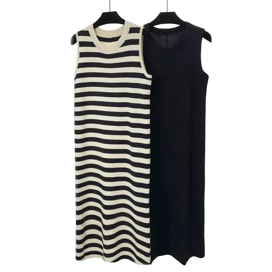 Luxury Spring Summer Contrast Stripe Knitted Sleeveless Tank Dress O-neck Loose Split Casual Long Dresses  C-008