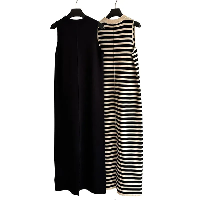 Luxury Spring Summer Contrast Stripe Knitted Sleeveless Tank Dress O-neck Loose Split Casual Long Dresses  C-008