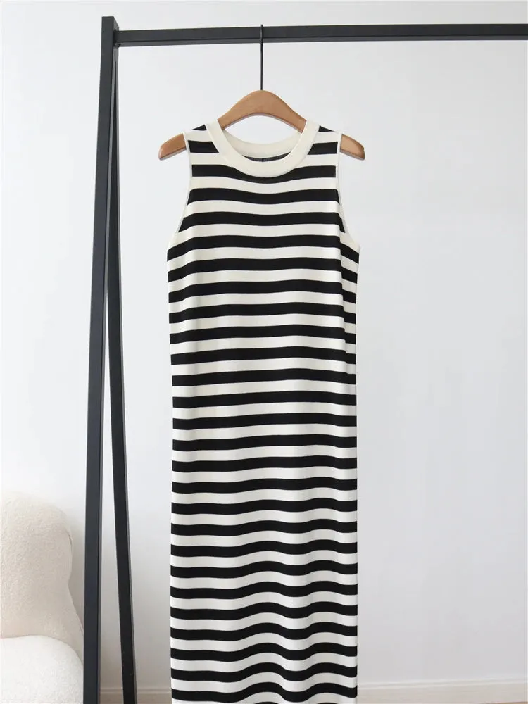 Luxury Spring Summer Contrast Stripe Knitted Sleeveless Tank Dress O-neck Loose Split Casual Long Dresses  C-008