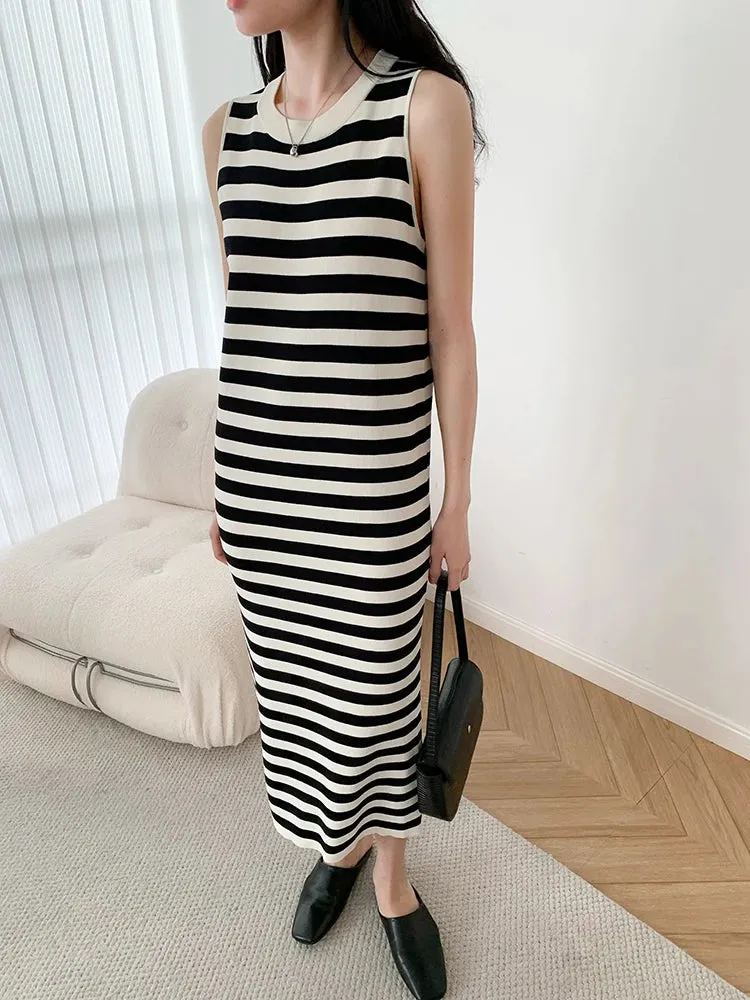 Luxury Spring Summer Contrast Stripe Knitted Sleeveless Tank Dress O-neck Loose Split Casual Long Dresses  C-008