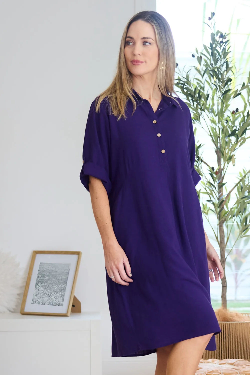 Maria Cotton & Linen Dress - Purple