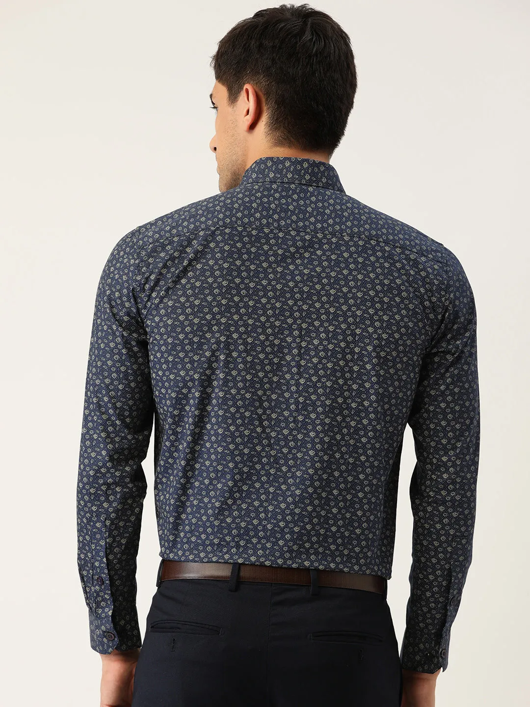 Mens Cotton Navy Blue & Gold Printed Formal Shirt - Sojanya