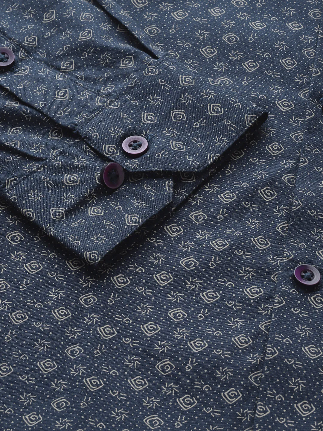 Mens Cotton Navy Blue & Gold Printed Formal Shirt - Sojanya