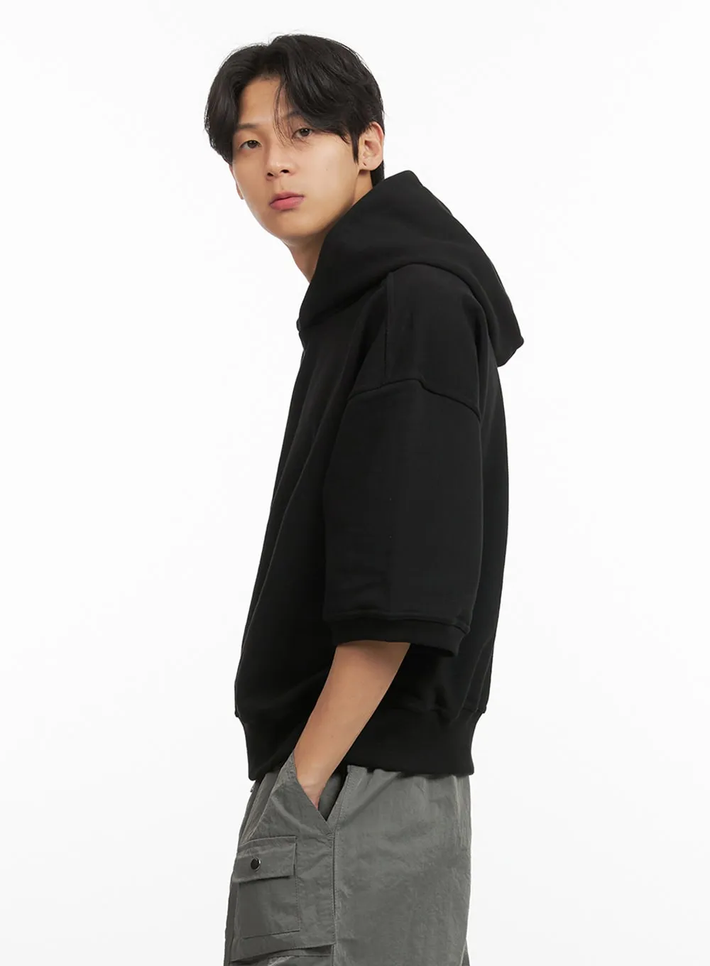 Men's Cozy Boxy Fit Hooded Sweatshirt (Black) IU405