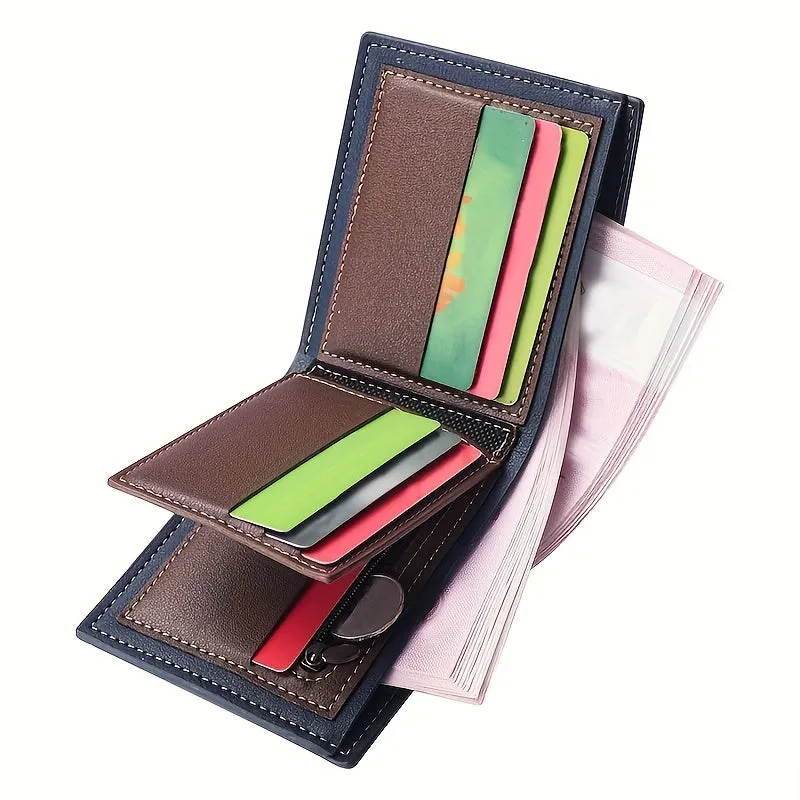 Men's Simple Style PU Leather Wallet, Casual Bifold With Card Slots, Secure Zipper Coin Pocket & Money Clip, Durable Billfold