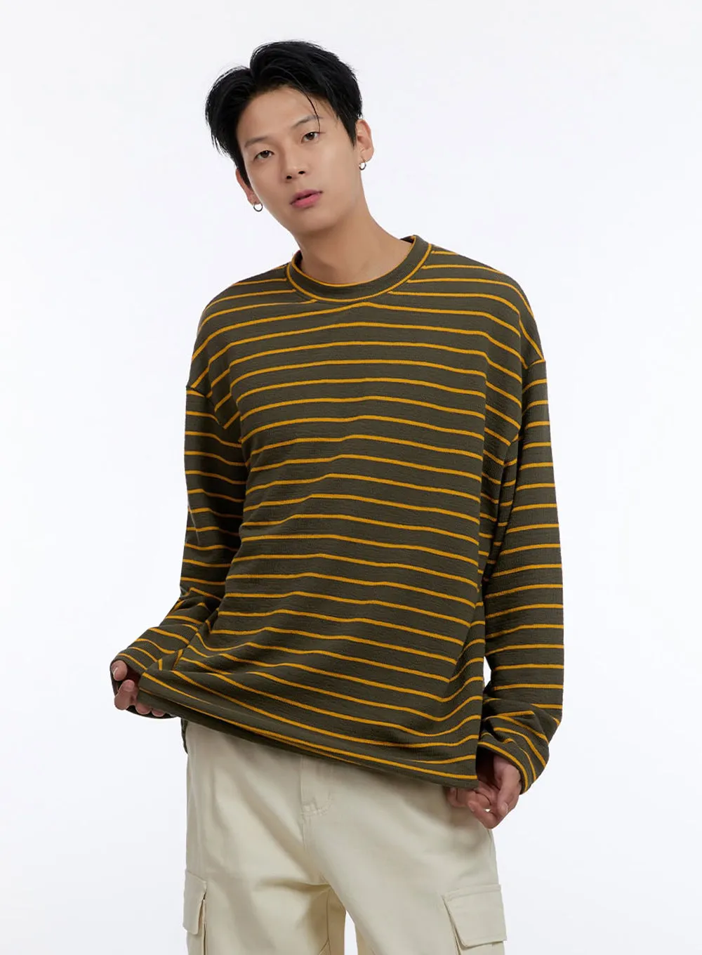 Men's Striped Round Neck Long Sleeve T-Shirt IO428