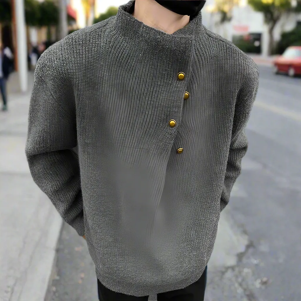 Mens Wrap Style Collar Sweater Wtih Button Details