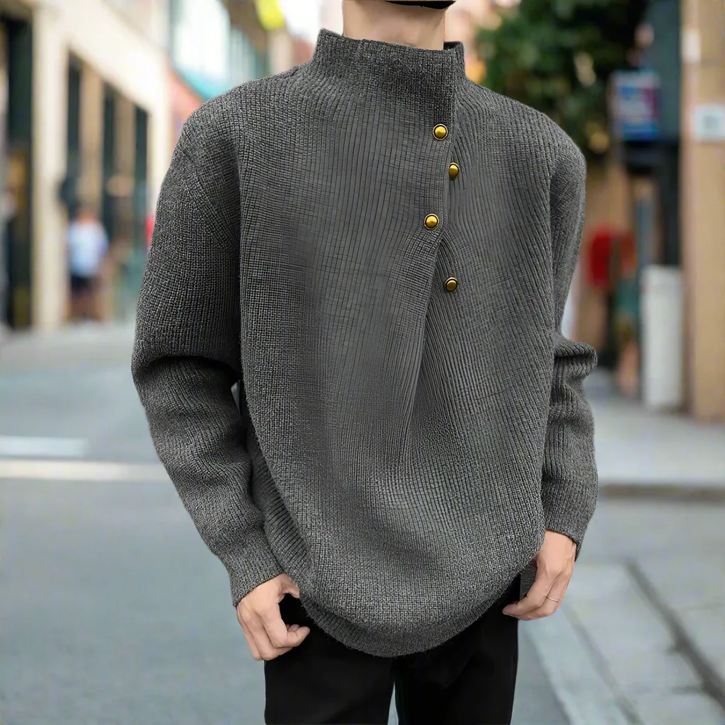 Mens Wrap Style Collar Sweater Wtih Button Details