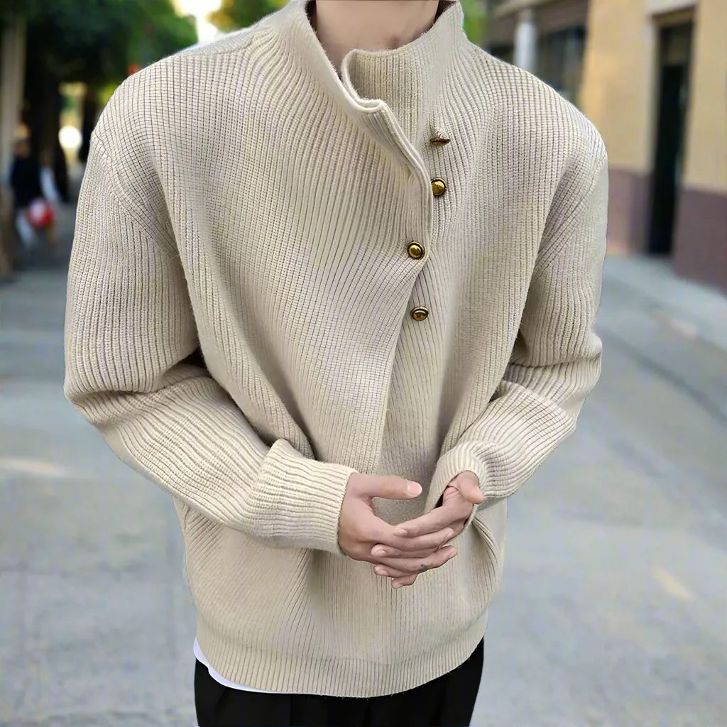 Mens Wrap Style Collar Sweater Wtih Button Details