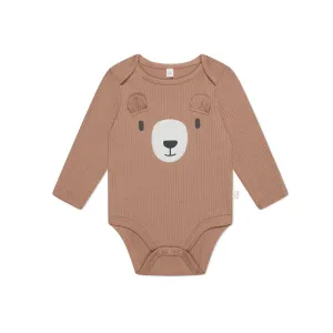 MORI Ribbed Bear Face Long Sleeve Bodysuit - Bear   Brown