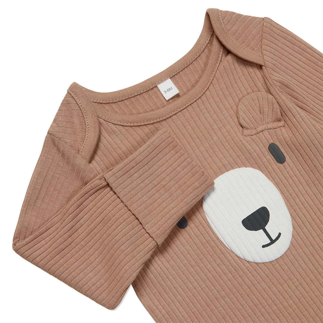 MORI Ribbed Bear Face Long Sleeve Bodysuit - Bear   Brown